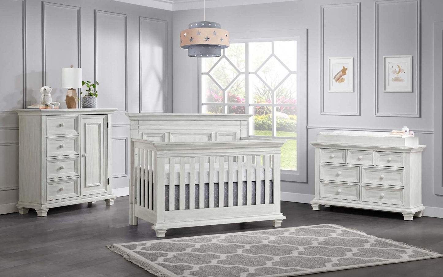 Weston 4 In 1 Convertible Crib - Lifestyle Image Inclined Side View of Weston 4 In 1 Convertible Crib Vintage White