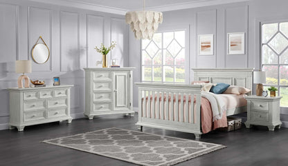 Weston 4 In 1 Convertible Crib - Lifestyle Image Inclined Side View of Weston Full Sized Bed Vintage White 