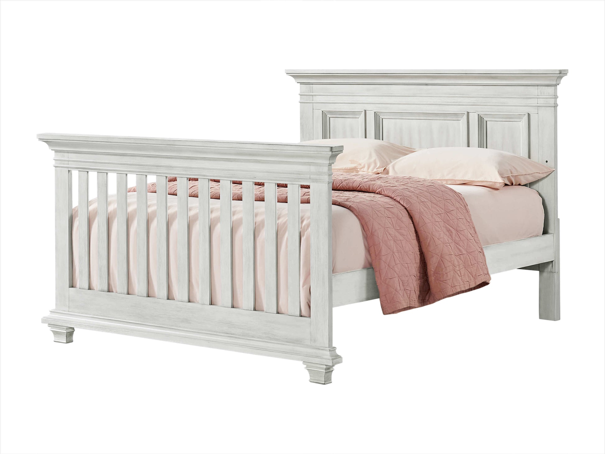 Weston 4 In 1 Convertible Crib - Inclined Side View of Weston Full Sized Bed Vintage White 