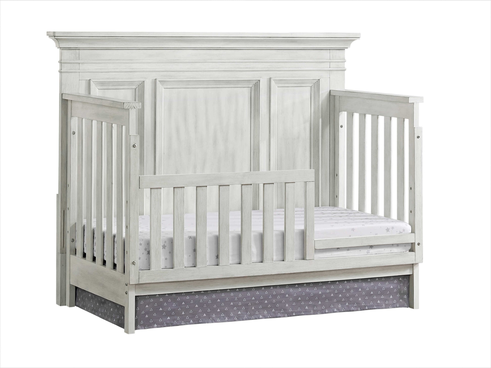 Weston 4 In 1 Convertible Crib - Inclined Side View of Weston 4 In 1 Convertible Crib with Guard Rail Vintage White 