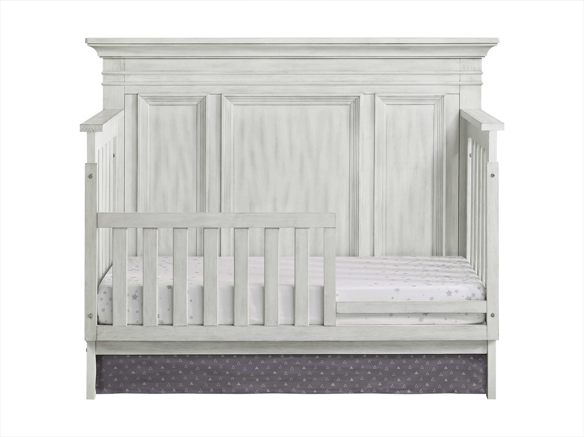 Weston 4 In 1 Convertible Crib - Front View of Weston 4 In 1 Convertible Crib with Guard Rail Vintage White 