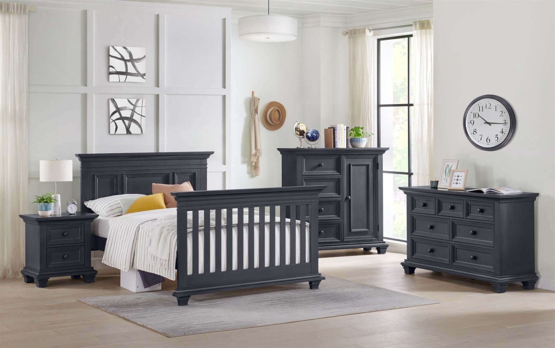 London Lane 6 Drawer Chifferobe - Lifestyle Image of London Lane Chifferobe with 1-Drawer Nightstand and Convertible Crib Arctic Gray