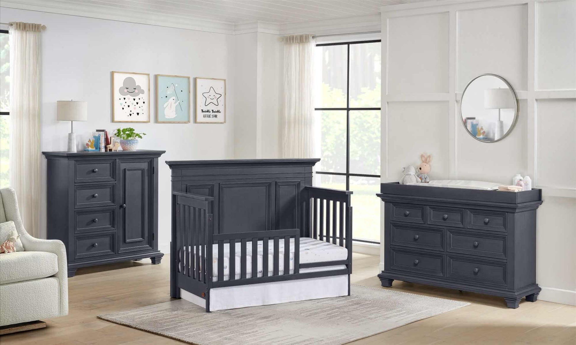 Weston 7 Drawer Dresser - Lifestyle Image Inclined Side View of Weston & Drawer Dresser and Chifferobe Midnight Slate