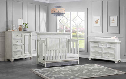 Weston 7 Drawer Dresser - Lifestyle Image Inclined Side View of Weston & Drawer Dresser and Chifferobe Vintage White