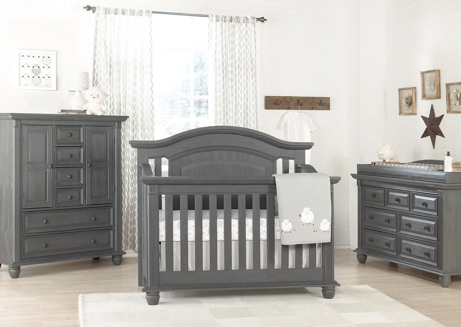London Lane 7 Drawer Dresser - Lifestyle Image of London Lane & Drawer Dresser with 1-Drawer Nightstand and Convertible Crib Artic Gray