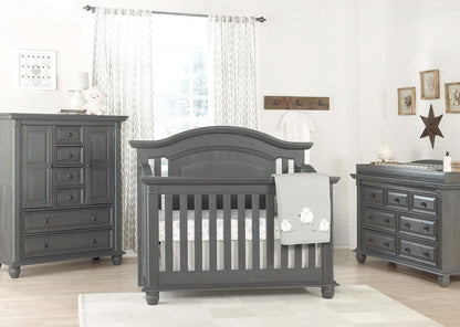 London Lane 7 Drawer Dresser - Lifestyle Image of London Lane & Drawer Dresser with 1-Drawer Nightstand and Convertible Crib Artic Gray