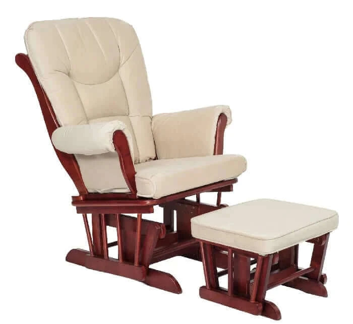 AFG Sleigh Glider Chair w/ Ottoman Cherry w/ Beige Cushion - Inclined view