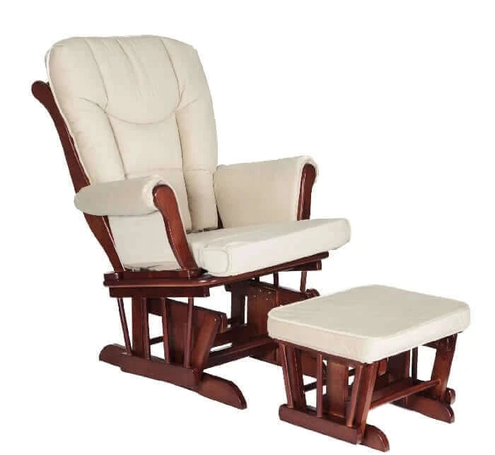 AFG Sleigh Glider Chair w/ Ottoman Cherry w/ Beige Cushion - Full inclined view