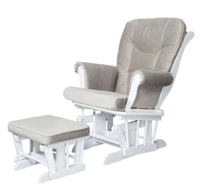 AFG Sleigh Glider Chair w/ Ottoman Cherry w/ Beige Cushion - White inclined side view